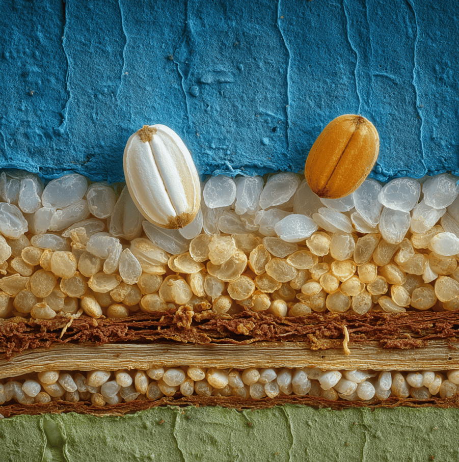 Microscopic cross-section of a rice grain showing starch layers and protein pockets, explaining why rice pops or becomes gluey