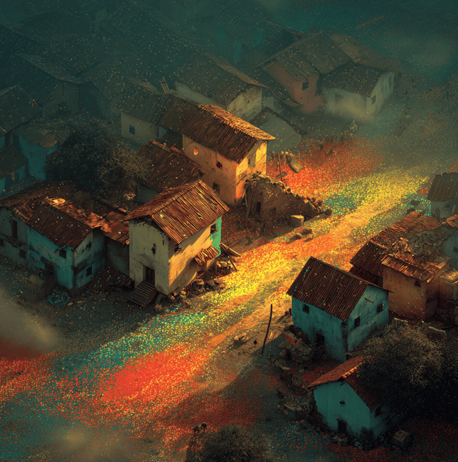 Indian village courtyard covered in colorful mysterious grains after a rare atmospheric event.