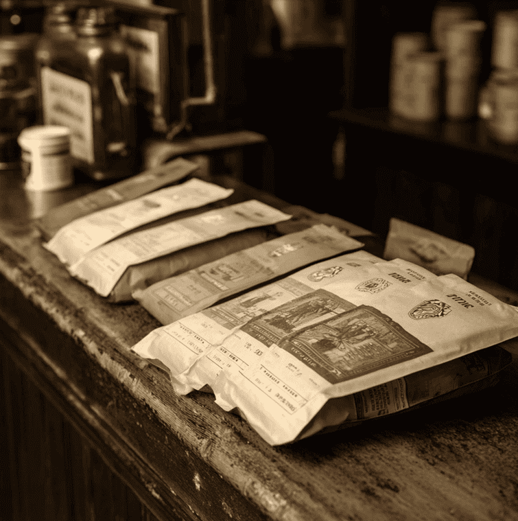 Vintage-style Starbucks packaging representing early, discontinued sub-brands and blends.