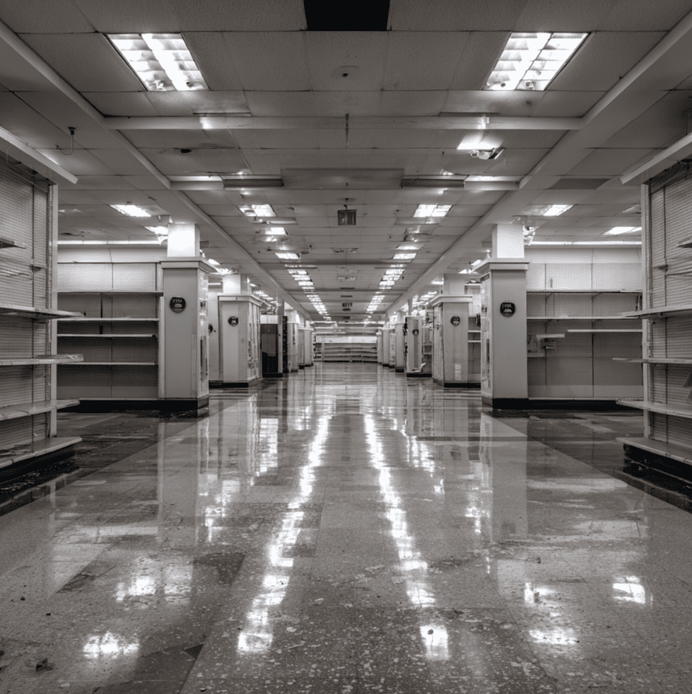 Abandoned Sears store interior representing the company’s slow-motion collapse.