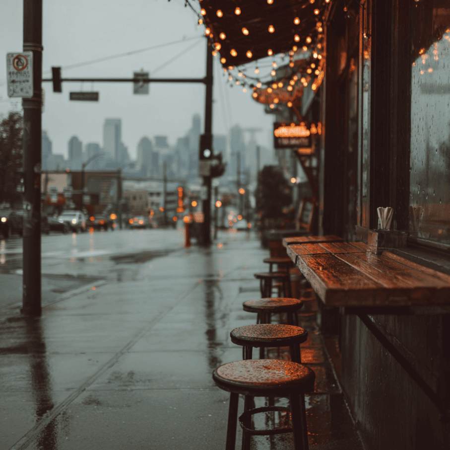 Closed Seattle coffee shop on a rainy street, symbolizing the city’s modern café crisis and shifting coffee culture.