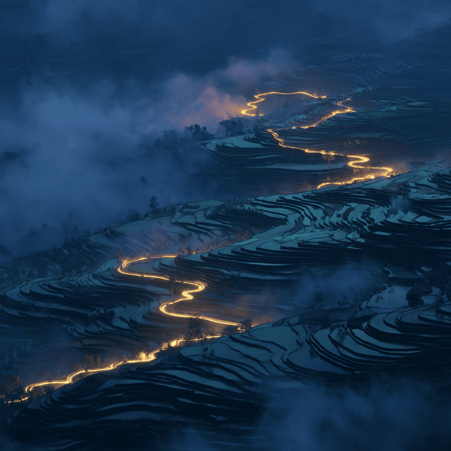 Hexagonal patterned trail through wet rice field — Honeycomb Serpent legend of rural China