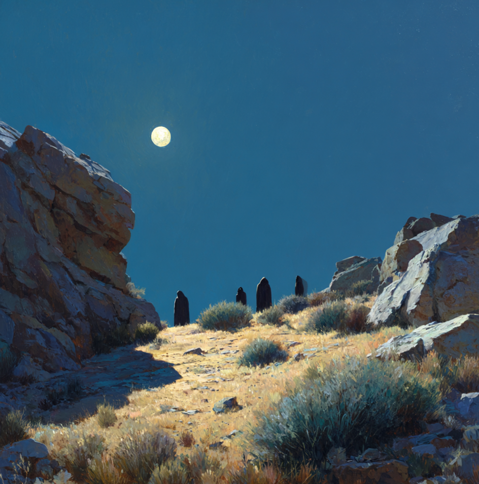 A moonlit desert near El Paso with tall, featureless shadow figures drifting between rocks and scrub