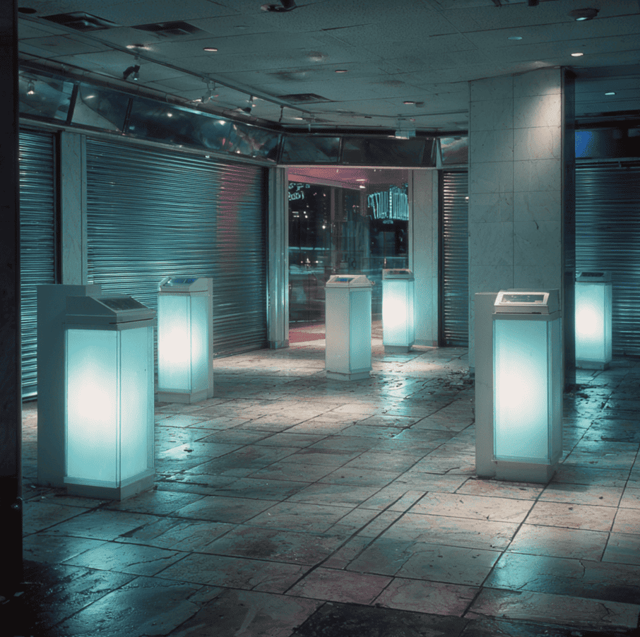 Sharper Image store interior with futuristic gadgets on display, contrasted with a closed empty store representing the retailer’s bankruptcy.