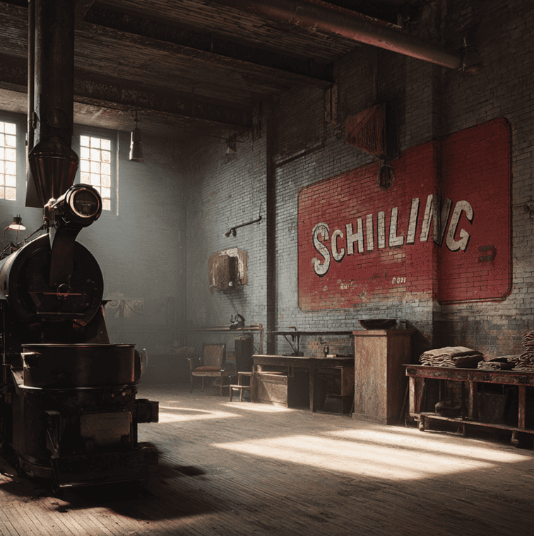 Abandoned industrial warehouse with remnants of old Schilling Coffee operations.