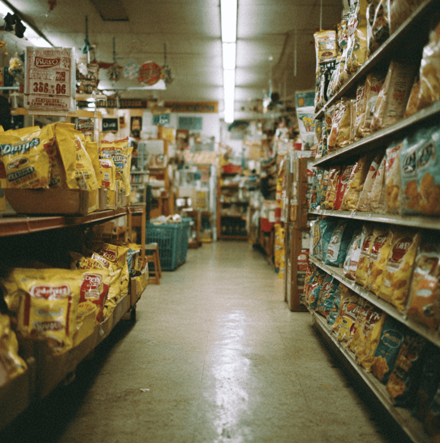 Vintage grocery shelf with Old Dutch potato chip cartons fading among national brands, representing the regional brand’s quiet collapse.