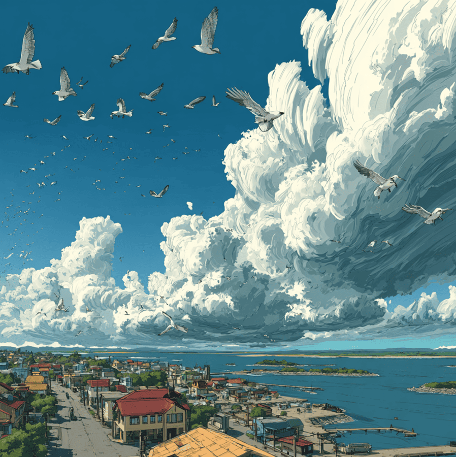 Unexplained atmospheric boom over a quiet coastline, illustrating the skyquake phenomenon