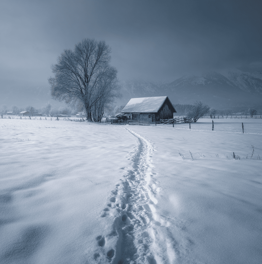 Single trail of footprints in snow leading toward Hinterkaifeck farm buildings, representing the mysterious footprint evidence.