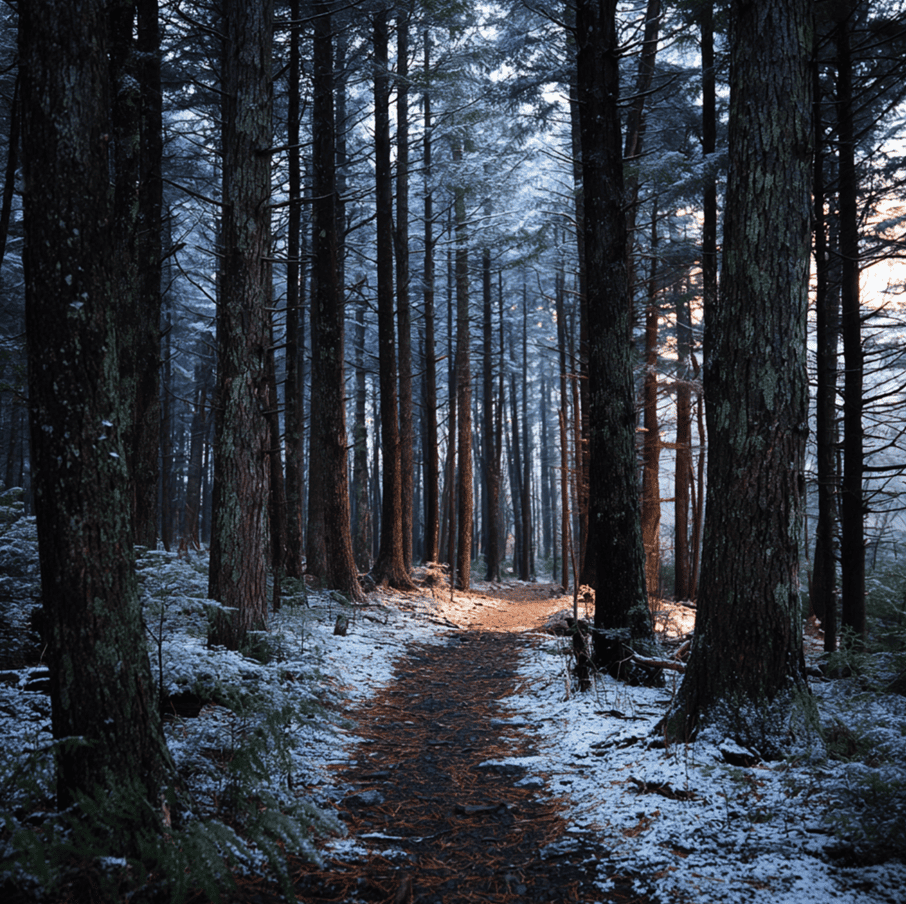 Dusk settling over a Vermont forest trail with a faint red-coated figure in the distance, symbolizing Paula Welden’s disappearance in the Bennington Triangle.