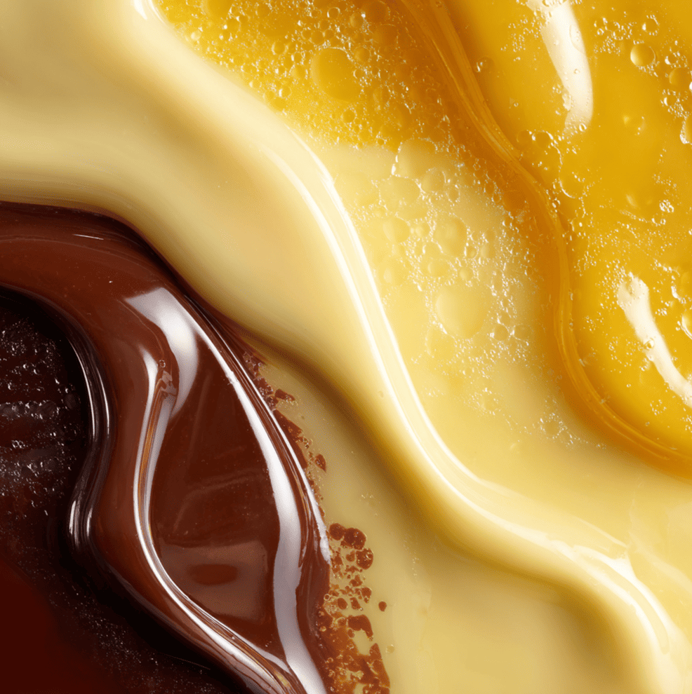 Close up textures of custard, gelatin, and tempered chocolate illustrating how cooking triggers hidden phase changes