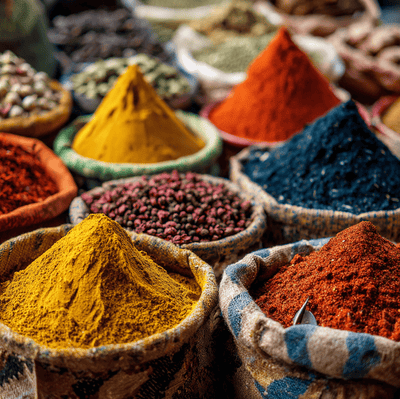 Colorful piles of ground spices with subtle adulterants mixed in, illustrating why spices are highly vulnerable to counterfeiting.