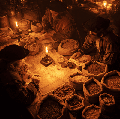 Medieval spice merchants in a secretive guild meeting, surrounded by pepper and cinnamon — symbols of their economic power