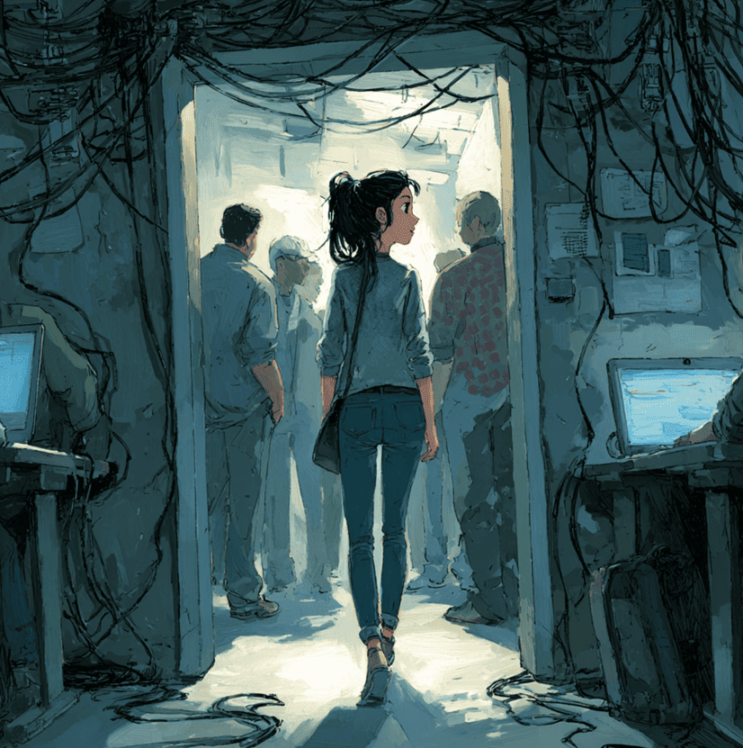 A teenage girl entering a room while lights and electronics flicker, representing the Electric Girl of Cluj-Napoca case.