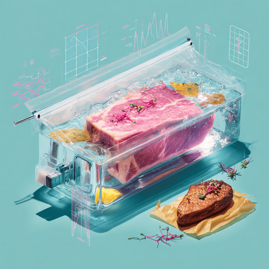 Sous vide bag heating in a water bath with diagrams showing protein and collagen breakdown, illustrating the science behind precision cooking