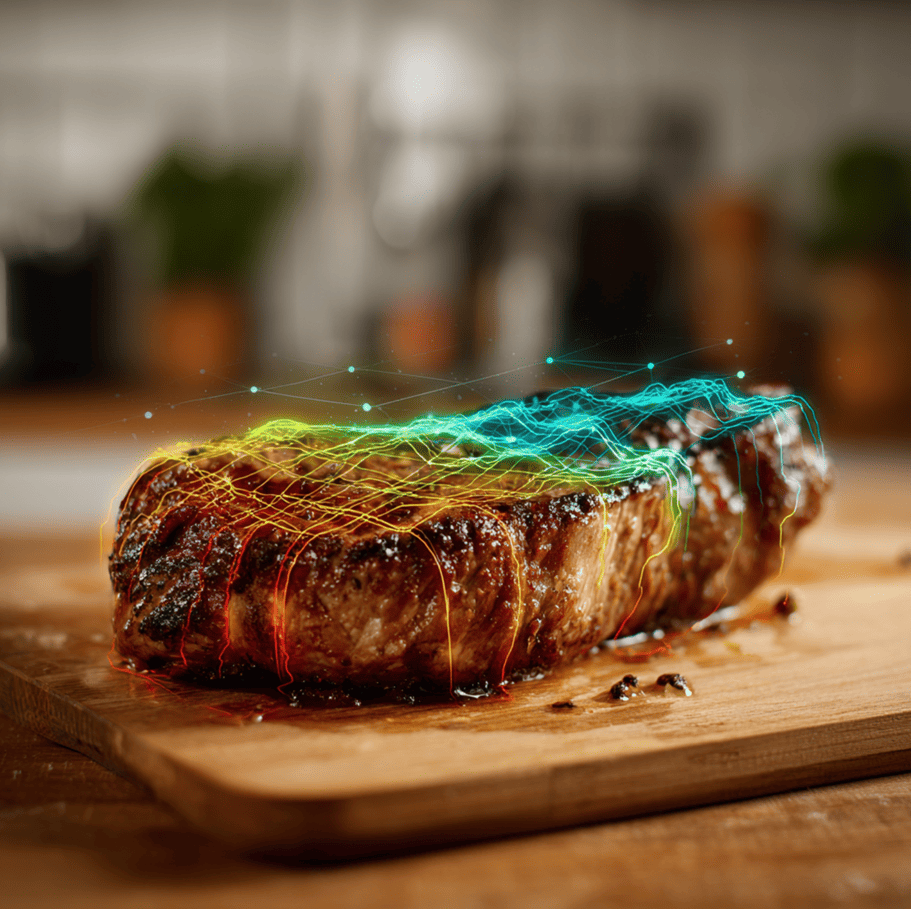 Cooked steak resting with thermal gradient mapping, illustrating how heat equalization—not juice redistribution—prevents moisture loss.