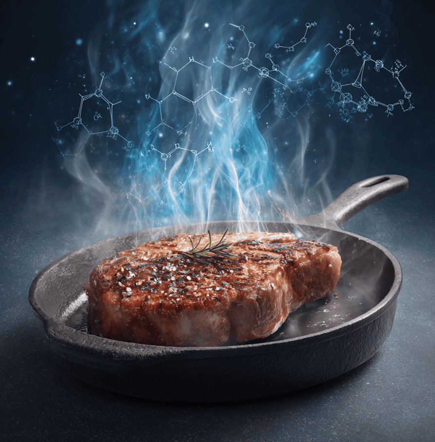 Steak searing in a hot pan with vapor rising and a temperature gradient overlay, explaining the thermodynamics behind perfect browning