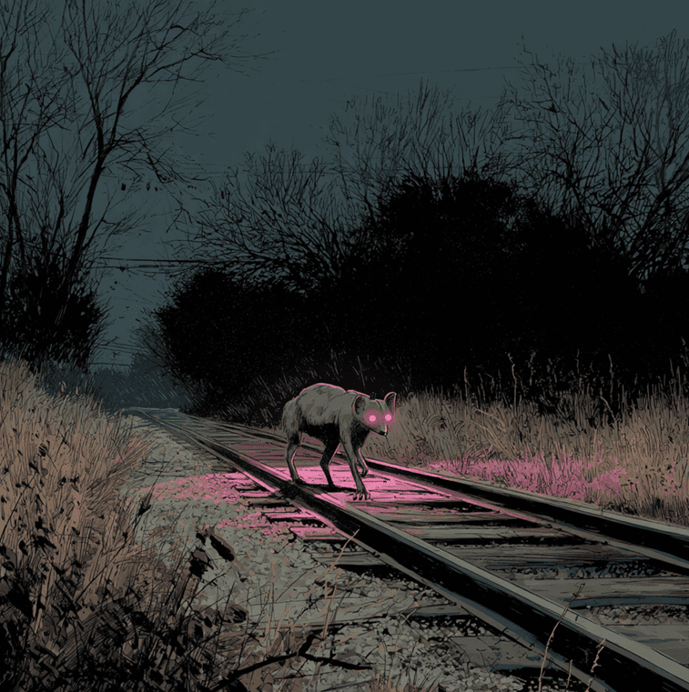 Artistic depiction of the Enfield Horror creature on a rural Illinois railroad track at night