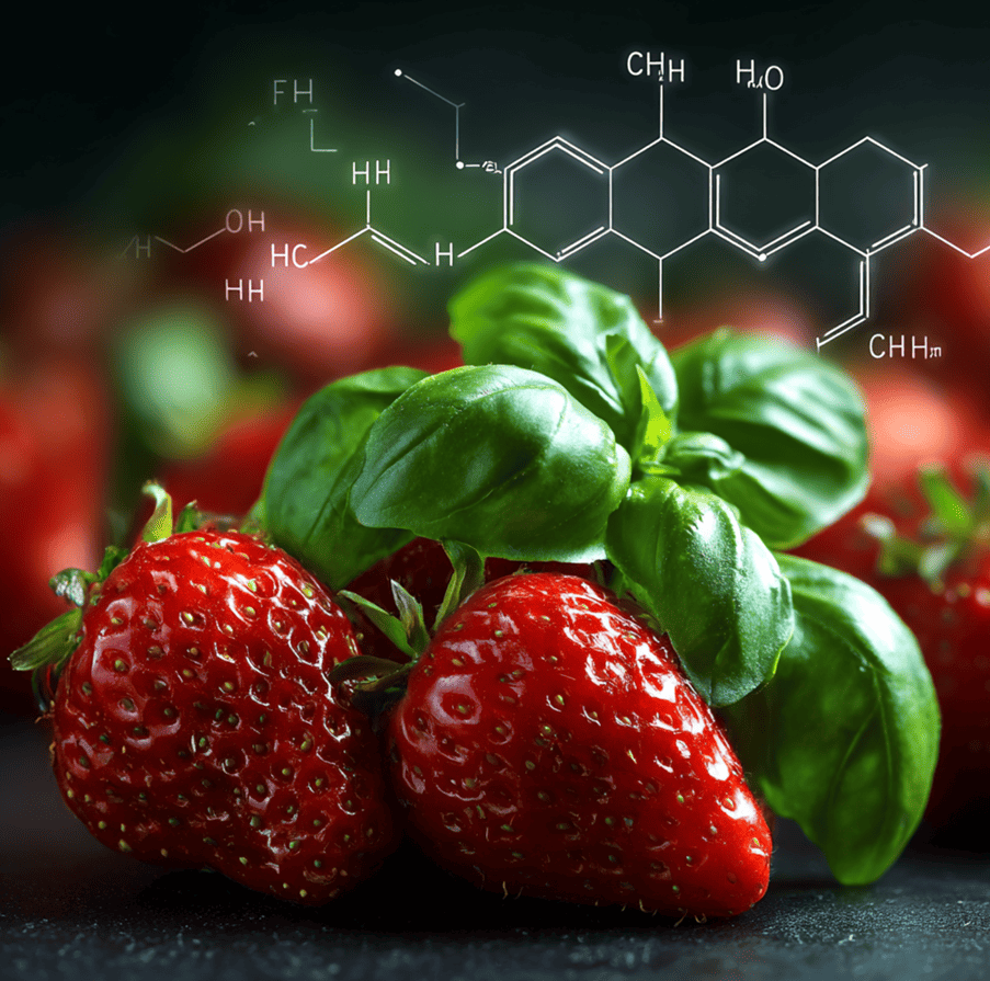 Strawberries and basil side by side with a stylized molecular diagram, highlighting their shared flavor compounds