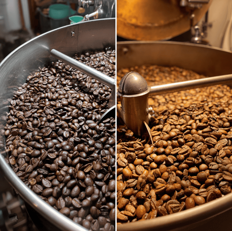 Illustration comparing coffee roasting at low and high altitude with roasting equipment and mountains