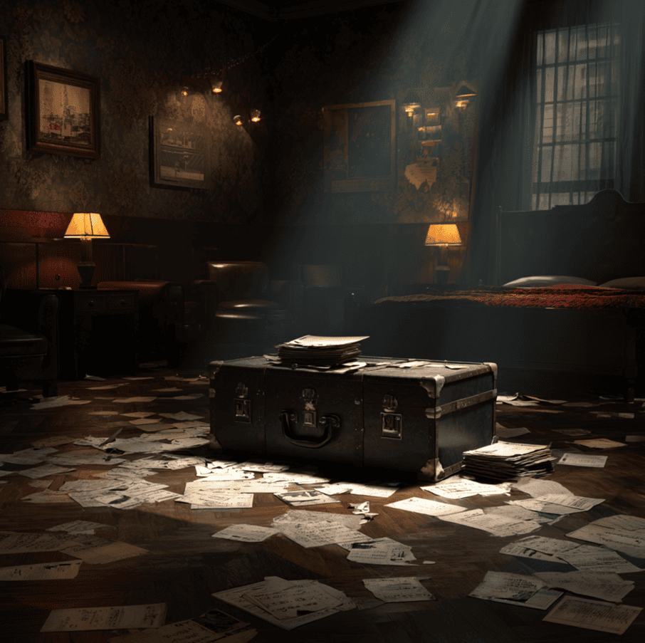 Nikola Tesla’s papers in a hotel room, symbolizing the mystery of Tesla’s missing documents.