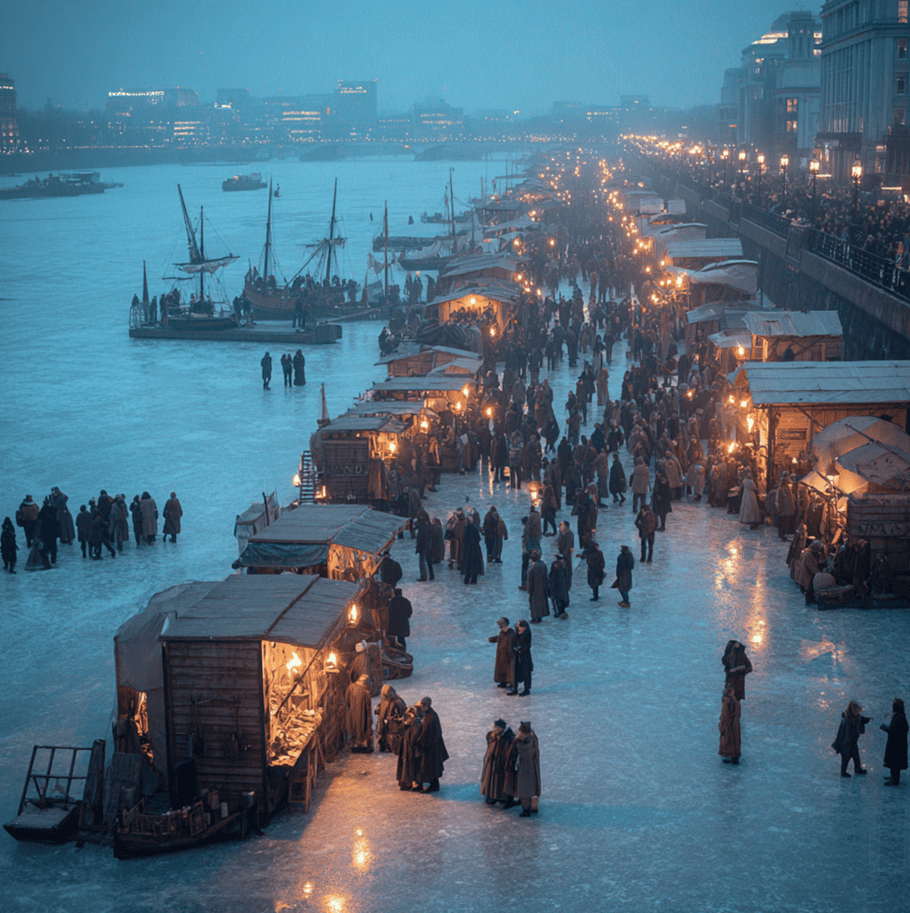 Frozen River Thames with crowds and wooden stalls during a Frost Fair, depicting London’s historic ice festivals.