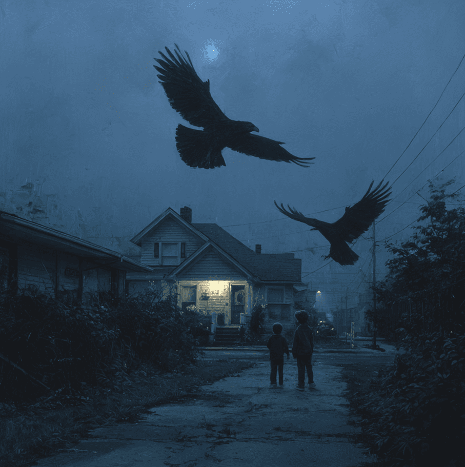 Depiction of the 1977 Lawndale Thunderbird attack with giant birds swooping toward a child.