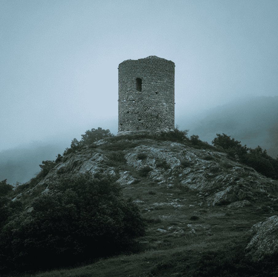 Medieval stone tower standing sealed with no visible entrance, surrounded by quiet countryside.