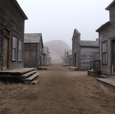 Abandoned frontier ghost town with intact buildings, representing a community that mysteriously vanished overnight.