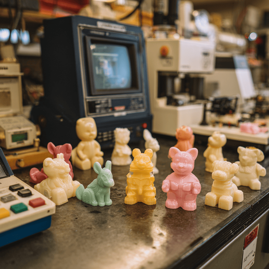 Indestructible vintage toy parts made from anomalous polymer material, representing Starline’s mysterious “extraterrestrial” plastics.