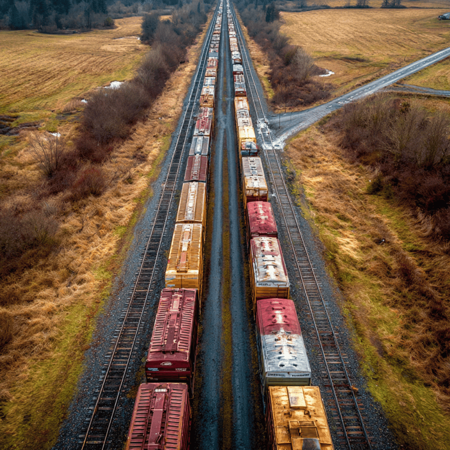 Two perfectly aligned halves of a freight train separated on the track, representing the unexplained clean break at Dyer’s Crossing.