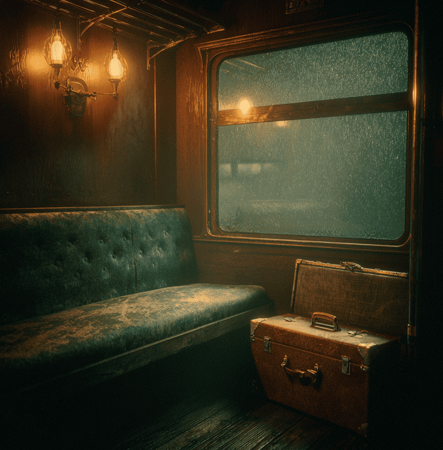 An empty 1890s train compartment symbolizing the disappearance of early filmmaker Louis Le Prince.