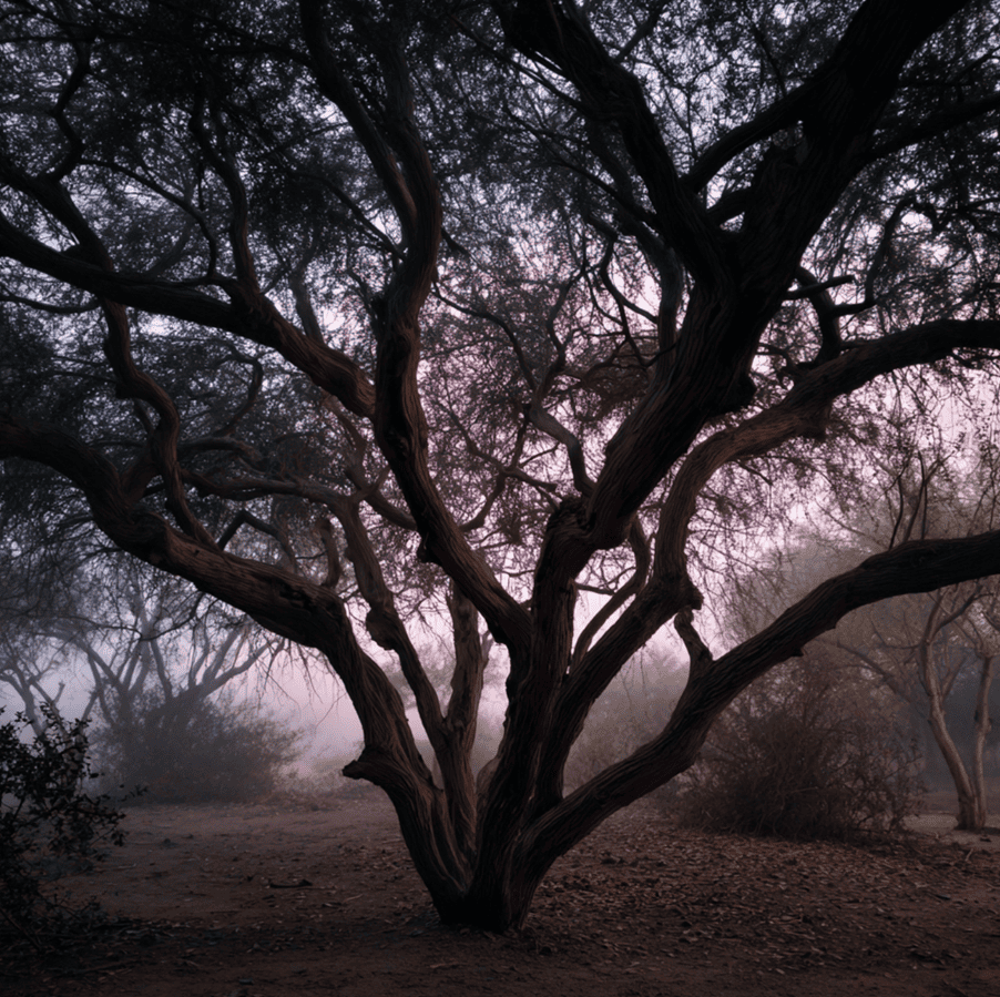 Ancient ironwood tree in dim forest light, associated with reports of mimicked human voices at dusk.