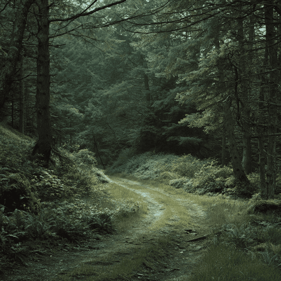 An empty 1970s forest trail representing an unresolved missing hiker disappearance with no clues or trace.