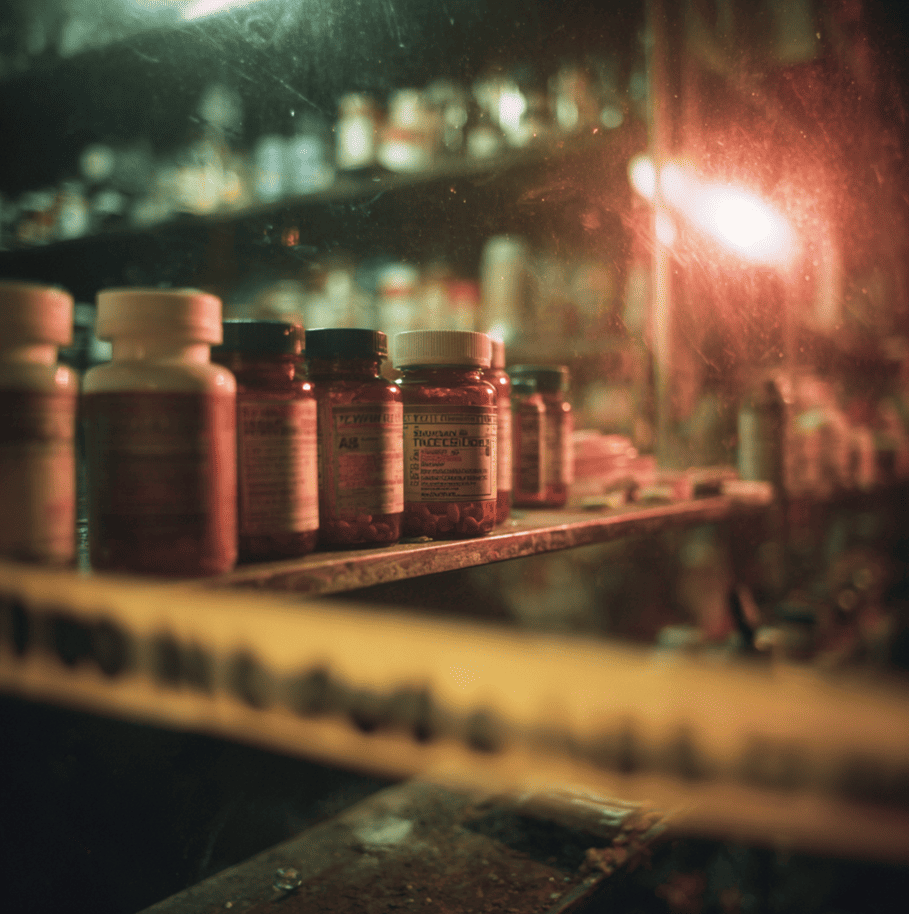 1982 Tylenol bottles on a pharmacy shelf marked with police tape, representing the unsolved Chicago Tylenol murders.