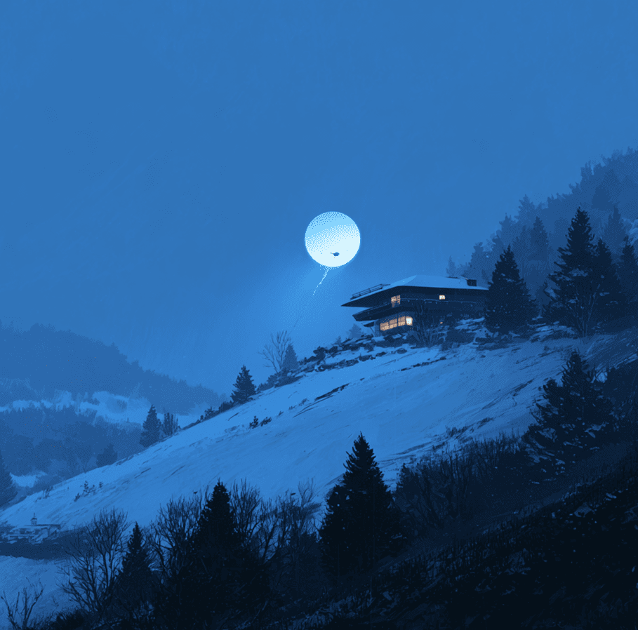 Blue-white UFO sphere hovering over a dark Washington hillside, representing the Christmas Eve Blue Book case.