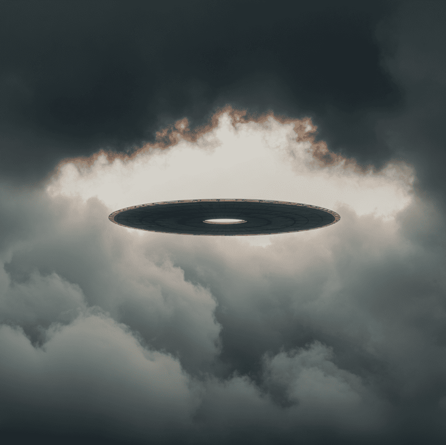 Metallic disc hovering over Chicago O’Hare Gate C17 with a circular hole in the clouds above, representing the 2006 airport UFO sighting.