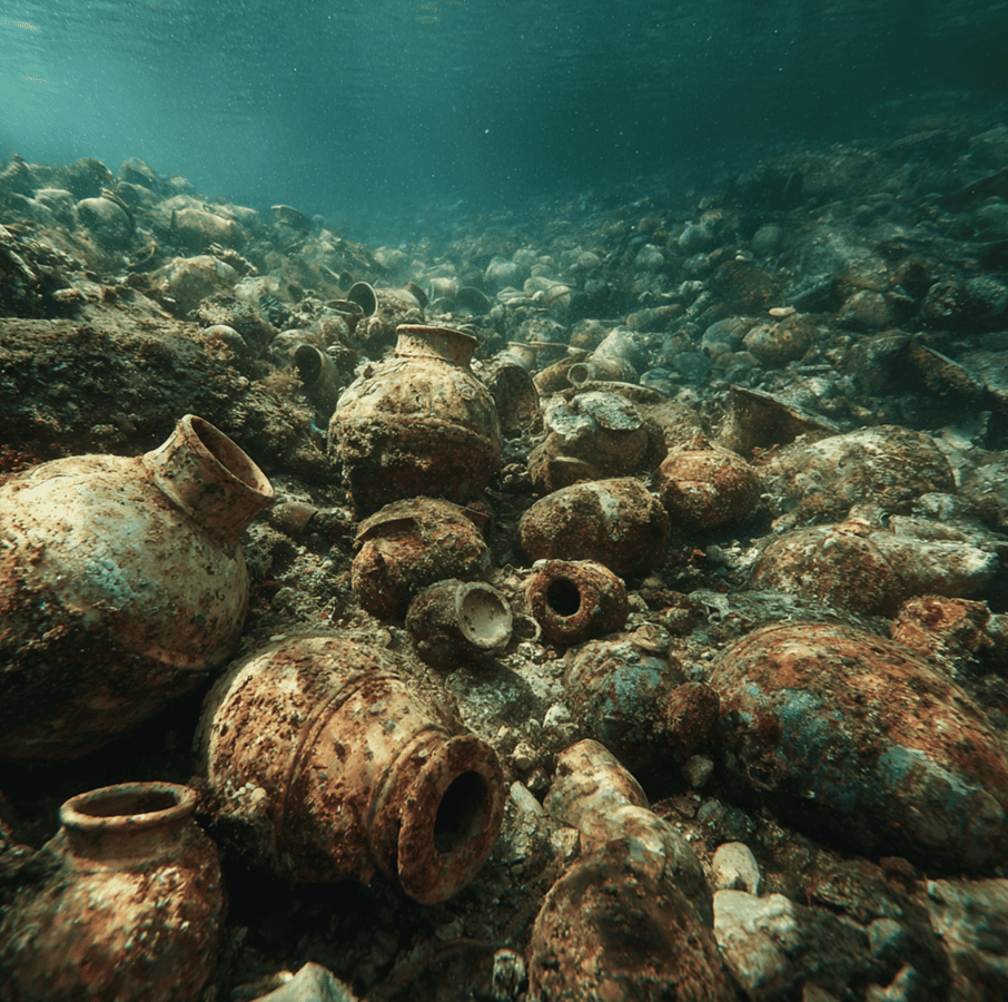 Underwater amphorae showing mixed aging — some ancient and encrusted, others fresh and clean — reflecting the Kythera dual-timeline mystery.