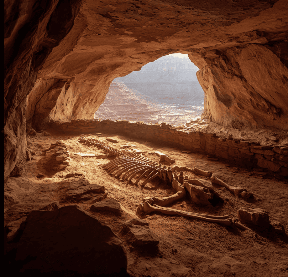 Illustration of a Utah desert cave with scattered oversized skeletal remains, representing the legend of the Utah Giants.