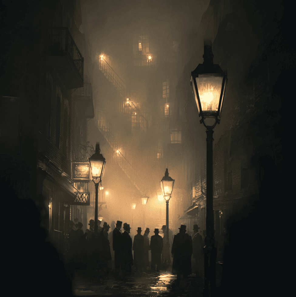 Victorian Berner Street at night, capturing the atmosphere of the 1888 hoax and murder
