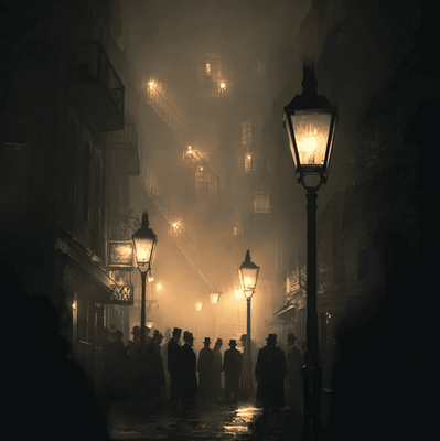 Victorian Berner Street at night, capturing the atmosphere of the 1888 hoax and murder