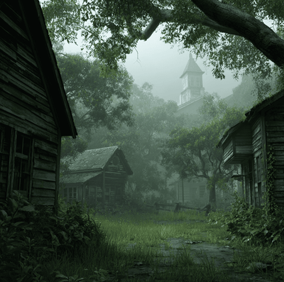 Abandoned jungle village scene with empty wooden structures, evoking the legend of the vanished Hoer Verde