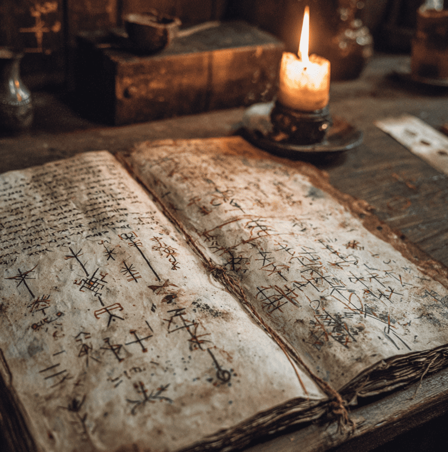 Open Voynich Manuscript showing mysterious undeciphered symbols and drawings.