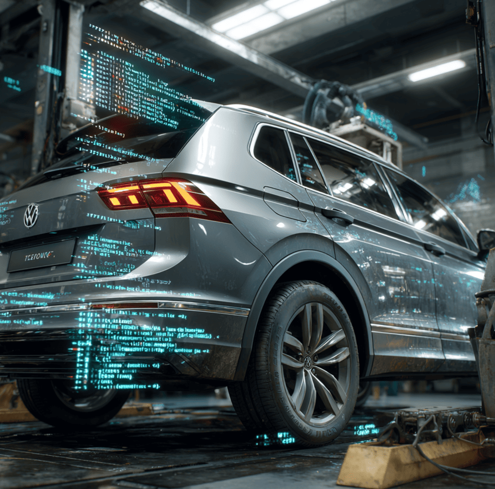 Volkswagen diesel car under emissions testing, symbolizing the defeat device scandal