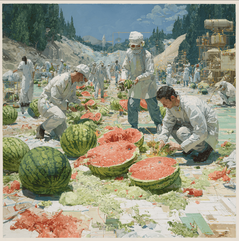Burst watermelons scattered across a field with scientists collecting samples, illustrating the biochemical chain reaction behind the explosions
