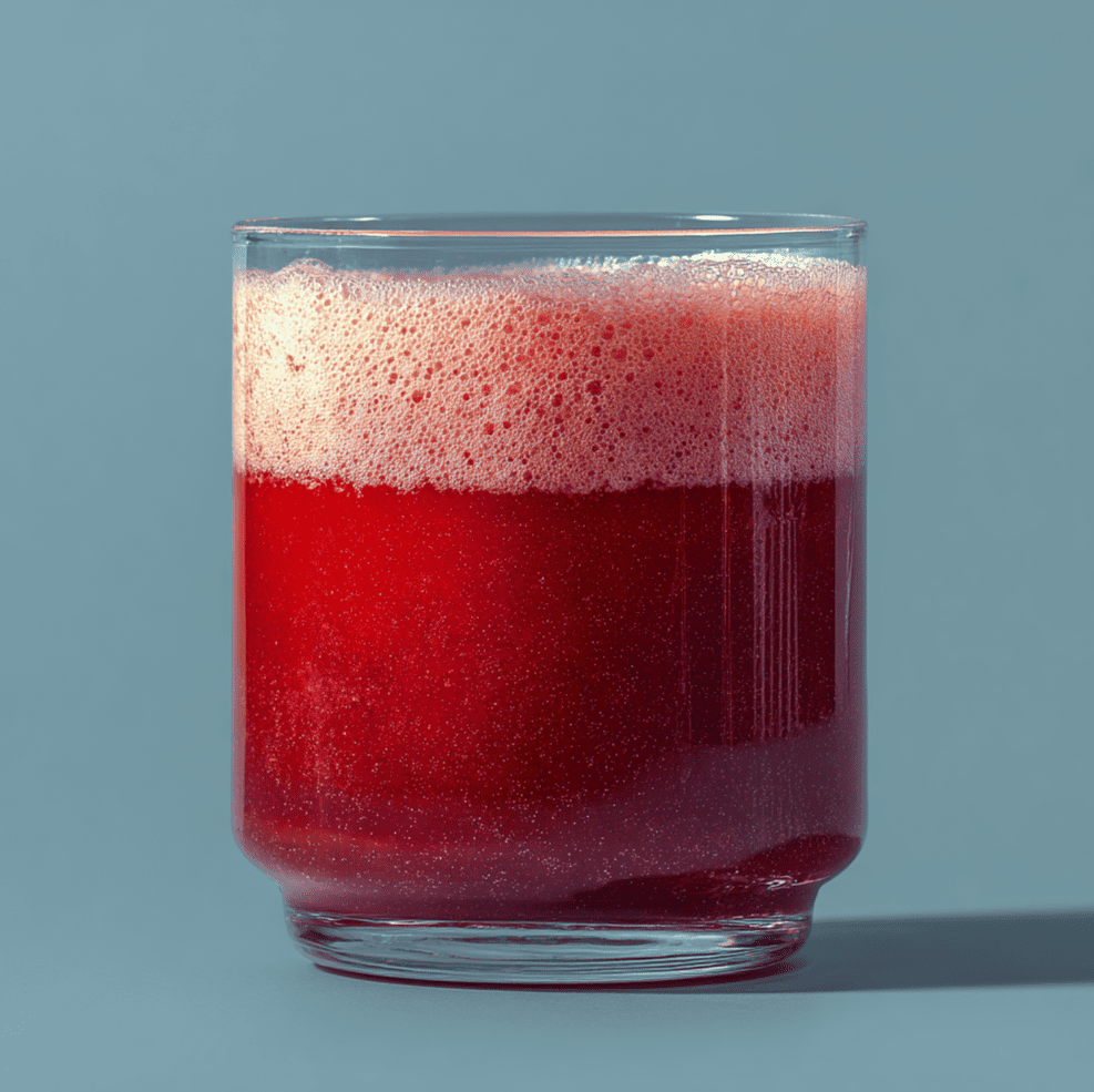 Separated watermelon juice in a glass with a pale foamy top layer and darker red bottom layer, illustrating its unstable structure.