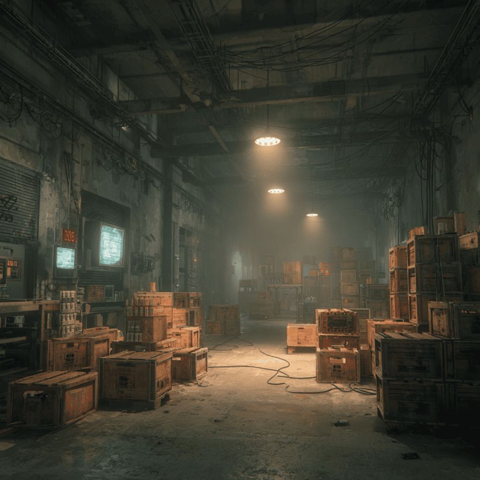 Abandoned warehouse interior with automated shelving, representing the quiet collapse of the unpublicized Webvan 2.0 revival attempt.