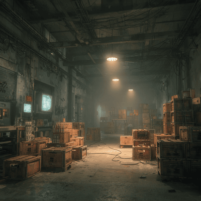 Abandoned warehouse interior with automated shelving, representing the quiet collapse of the unpublicized Webvan 2.0 revival attempt.