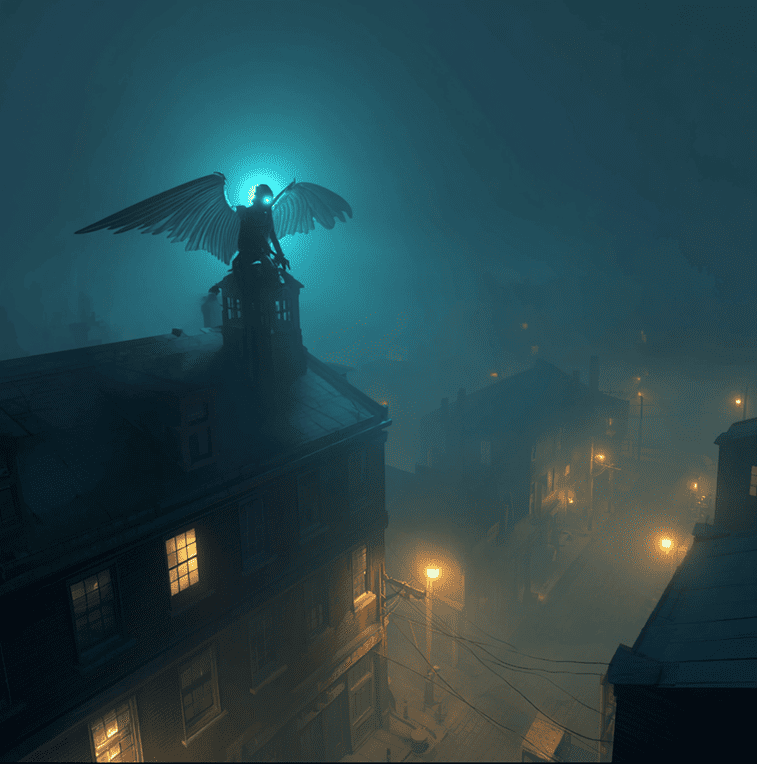 Illustration of a glowing winged creature appearing over rooftops in 1903 Van Meter, Iowa.