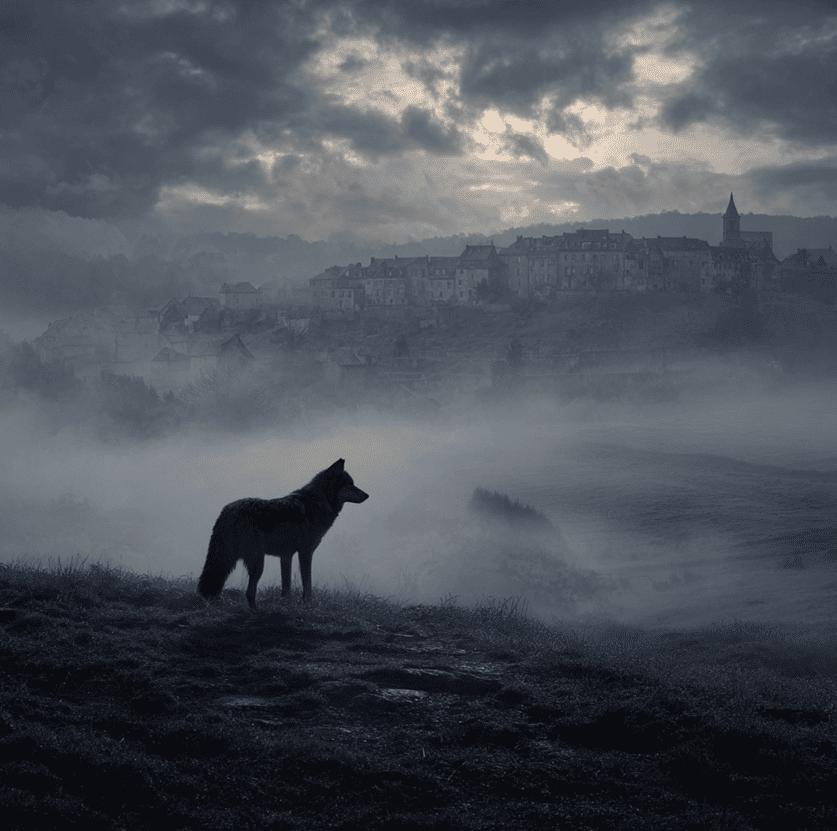 Artistic rendering of the Beast of Gévaudan on a foggy hillside in 18th-century France