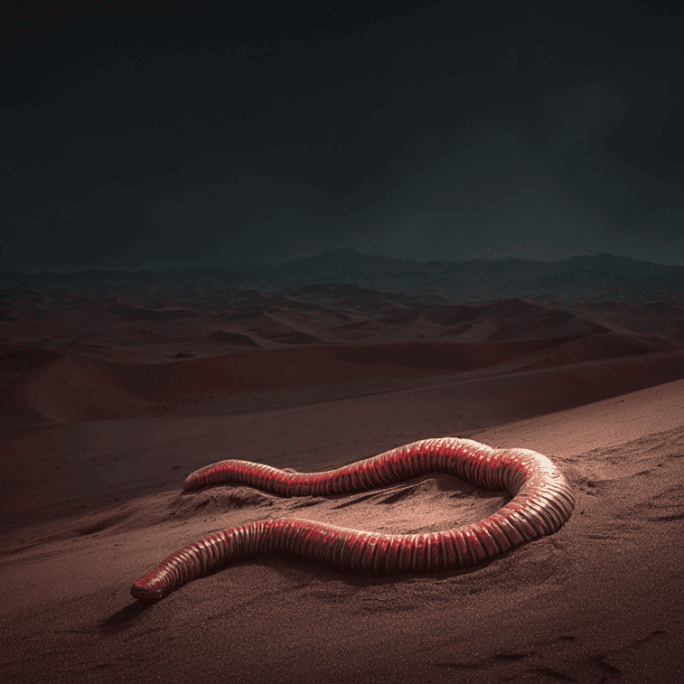 Illustration of a red worm-like creature emerging from the sands of the Gobi Desert.